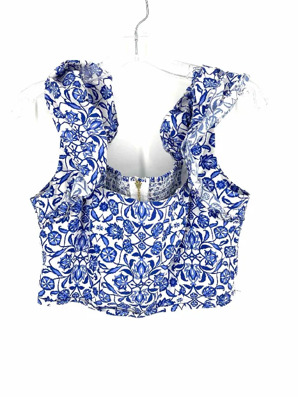 Spring sleeveless topsSize L White/Blue Floral Ruffle Designer Top-Sleeveless