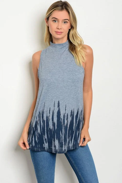 Button sleeveless topsBlue Navy Sleeveless Mock Neck Tie Dye Print Top