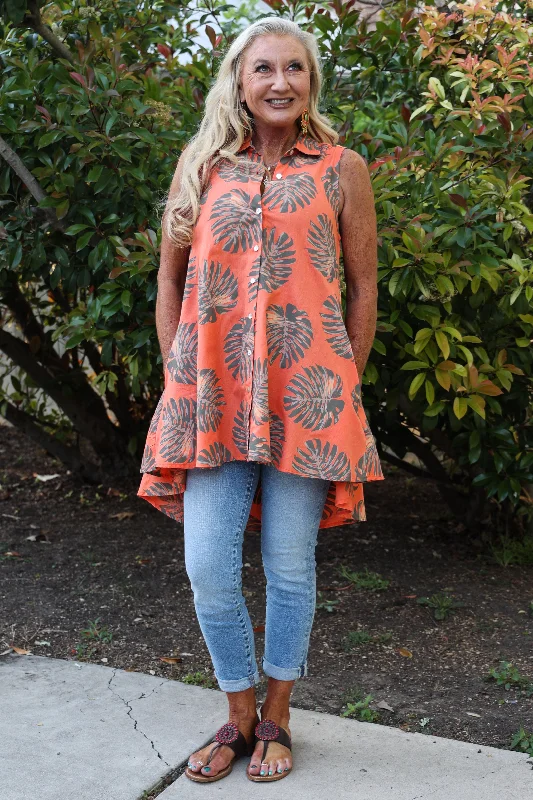 Cotton sleeveless topsTropical Sunset Orange Sleeveless Palm Leaf Button Front High Low Top