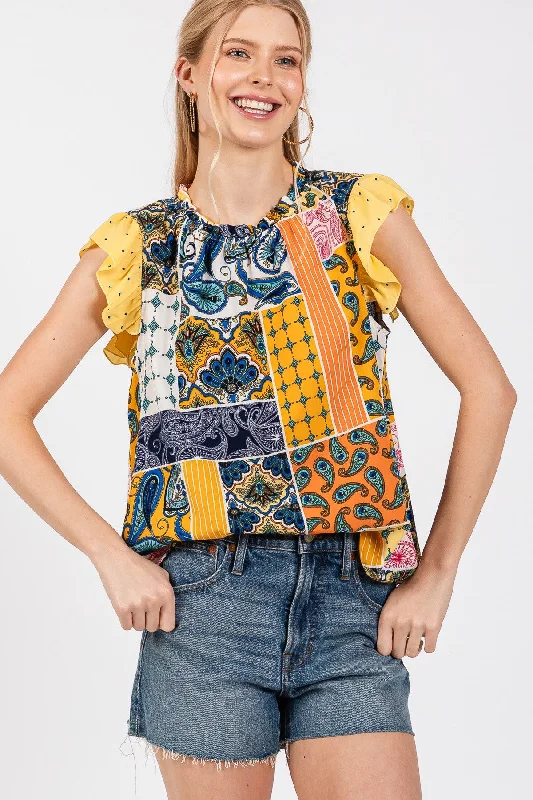 Luxury sleeveless topsYELLOW MULTI BOHEMIAN RUFFLED SLEEVELESS TOP CFTT3612NPB