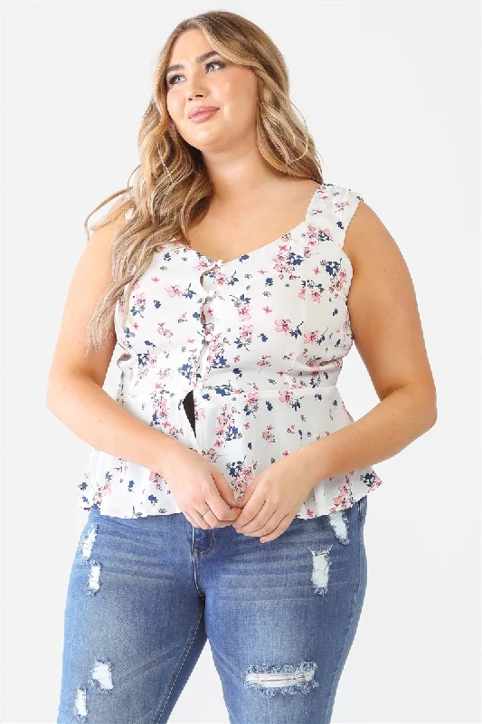 Party sleeveless topsPlus Floral Button-up Sleeveless Flare Hem Top