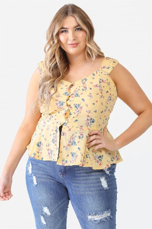 Plush sleeveless topsPlus Floral Button-up Sleeveless Flare Hem Top